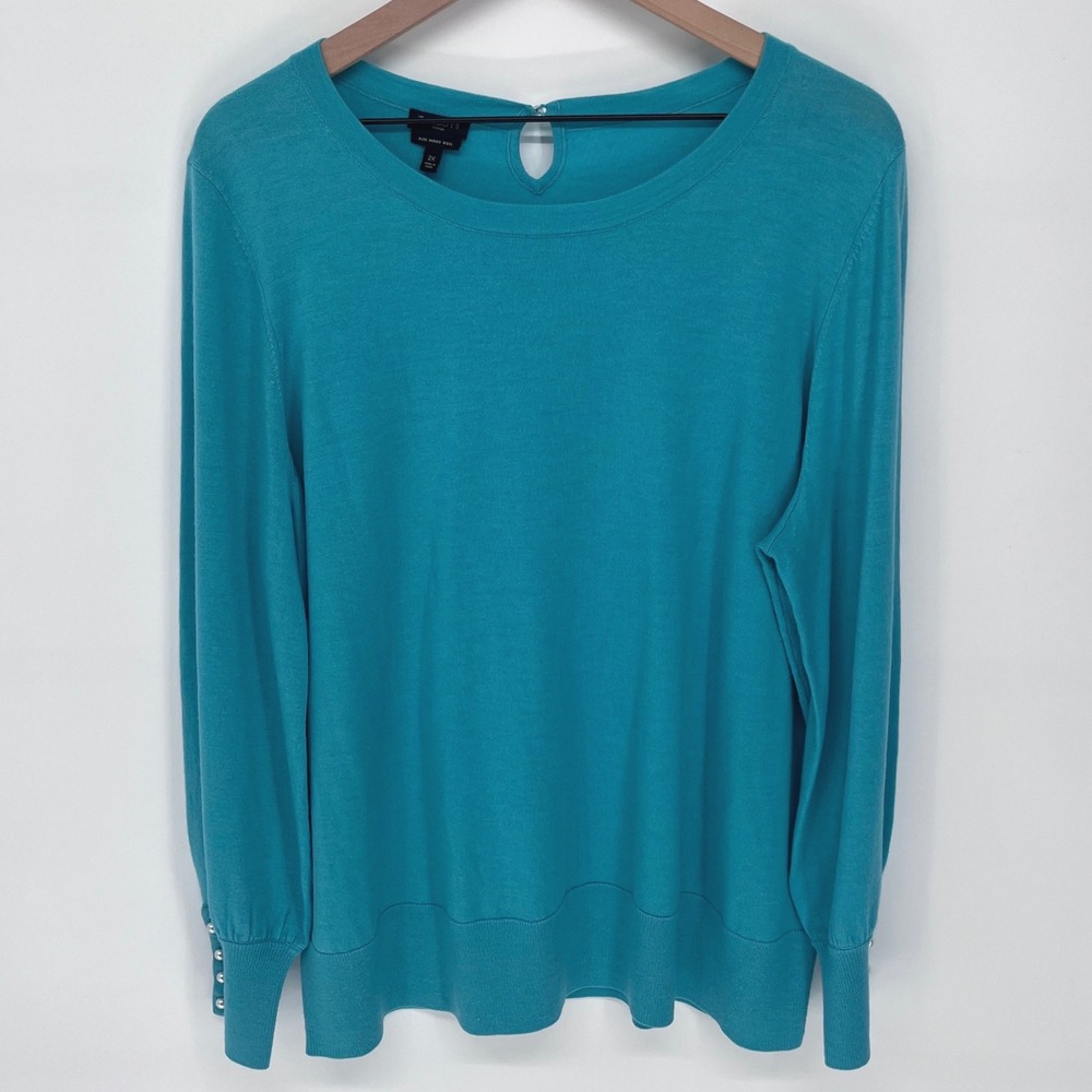 Talbots Sweater Womens 2X Teal Blue Pure Merino Wool Pearl Cuff Keyhole Back